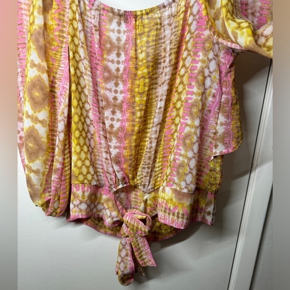 Lily White Semi Sheer Reptile Snake Print Pink White Yellow Ruffle Blouse Top M - Picture 11 of 13